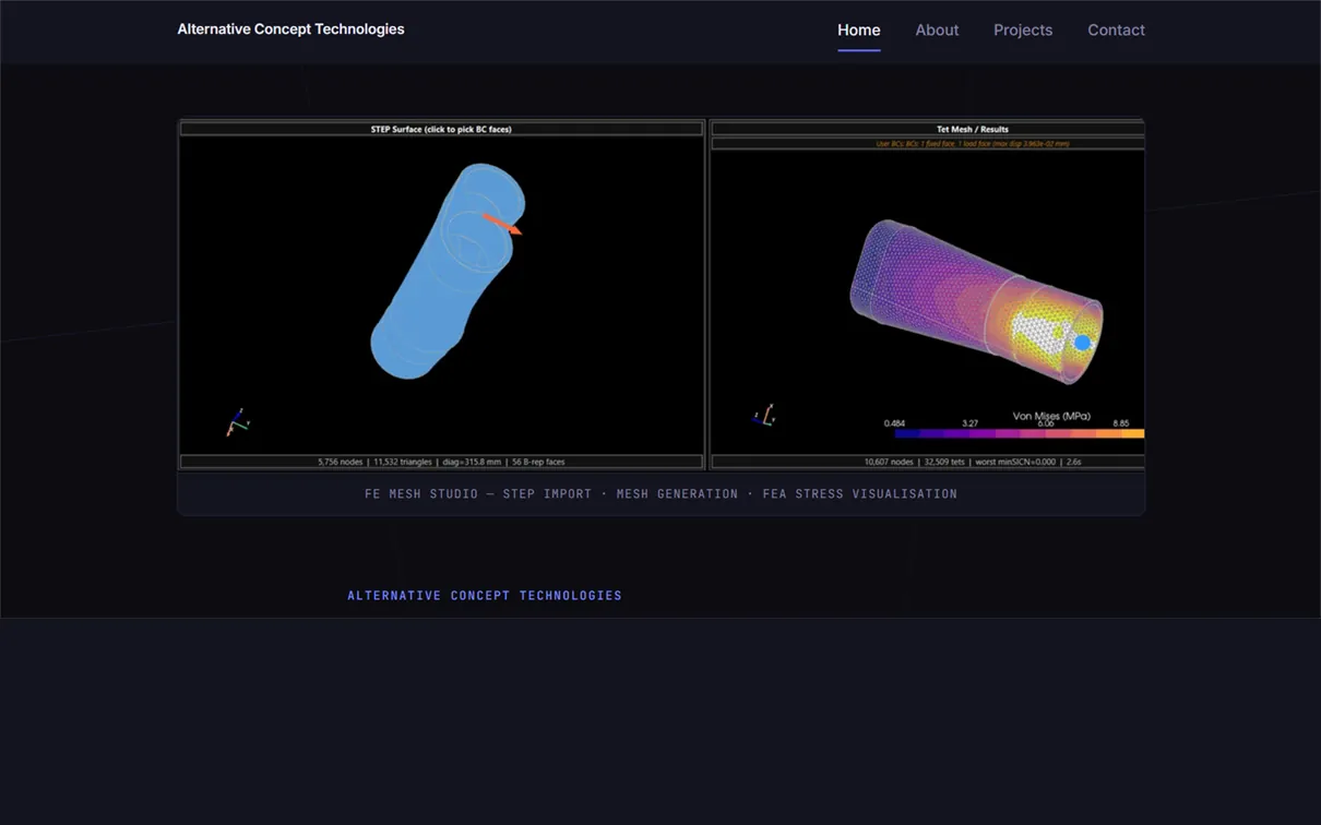 CAD and FEA result from Alibre Design — mesh topology and von Mises stress plot on a machined component