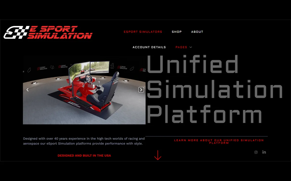 eSport Simulation cockpit — direct-drive sim rig with steering wheel and triple screens in competitive race setup