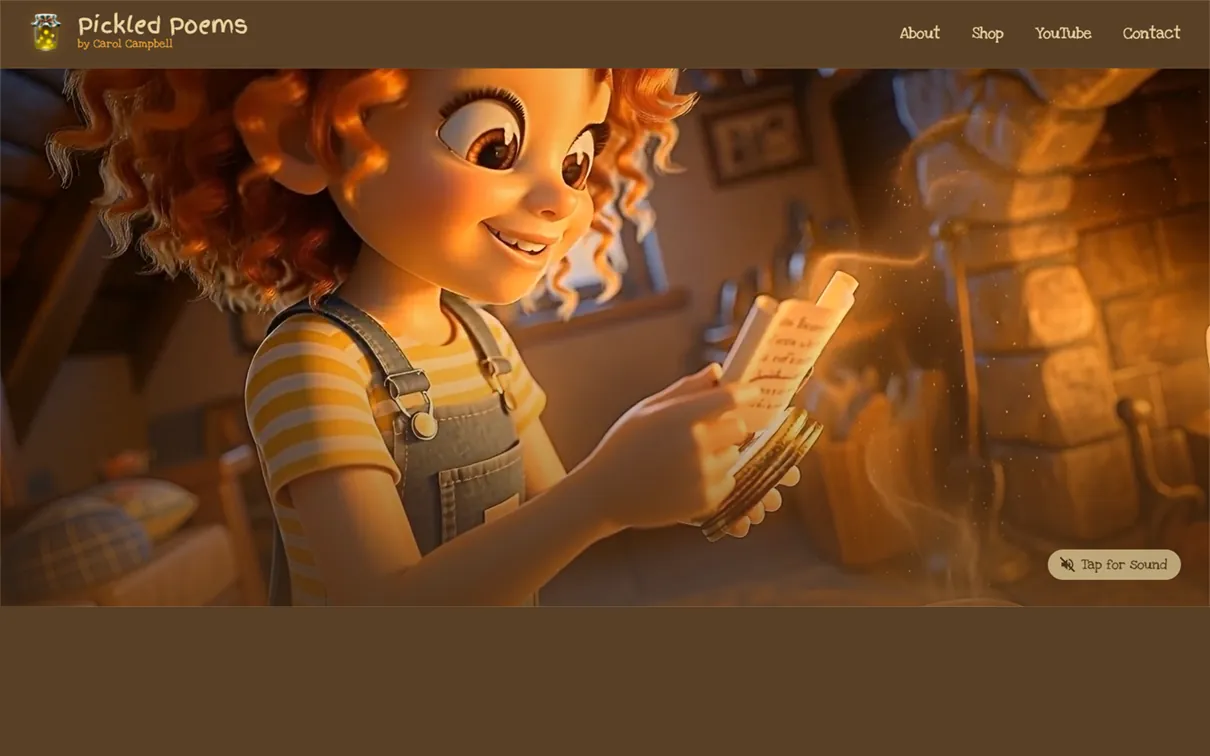 Pickled Poems website — Lucy character reading a glowing manuscript